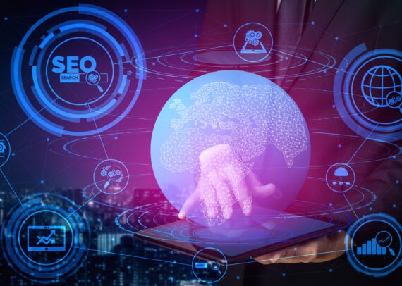 SEO - Search Engine Optimization for Online Marketing Concept. Modern graphic interface showing symbol of keyword research website promotion by optimize customer searching and analyze market strategy.