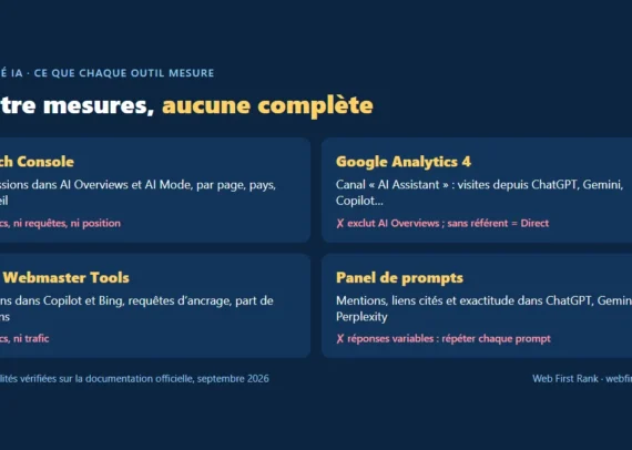 Mesurer sa visibilité IA : ce que mesurent Search Console, Google Analytics 4, Bing Webmaster Tools et un panel de prompts