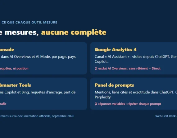 Mesurer sa visibilité IA : ce que mesurent Search Console, Google Analytics 4, Bing Webmaster Tools et un panel de prompts