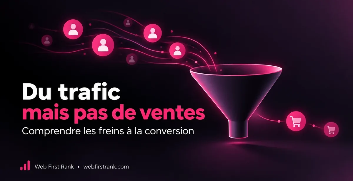Infographie des 7 freins à la conversion d’un site qui a du trafic mais pas de ventes, avec l’outil gratuit pour tester chacun : GA4, Search Console, Clarity, PageSpeed Insights