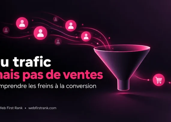 Infographie des 7 freins à la conversion d’un site qui a du trafic mais pas de ventes, avec l’outil gratuit pour tester chacun : GA4, Search Console, Clarity, PageSpeed Insights