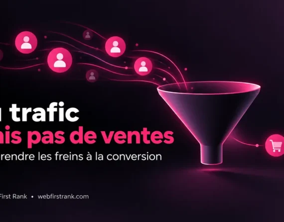 Infographie des 7 freins à la conversion d’un site qui a du trafic mais pas de ventes, avec l’outil gratuit pour tester chacun : GA4, Search Console, Clarity, PageSpeed Insights