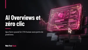 AI Overviews et zéro clic : un grand résumé IA qui domine une page de résultats, un curseur immobile et une courbe de clics en baisse
