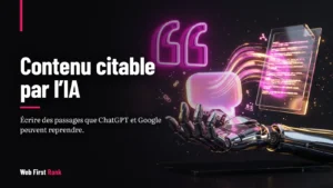 Contenu citable par l’IA : un passage de texte transmis par une main robotique à une bulle de discussion, avec des guillemets lumineux