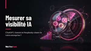 Mesurer sa visibilité IA : un radar et une loupe révélant quatre orbes lumineuses, avec un graphique en barres
